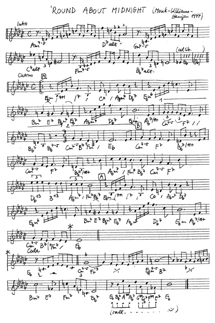 round about midnight free jazz leadsheet - Courtesy of the Jungle Jazz Band